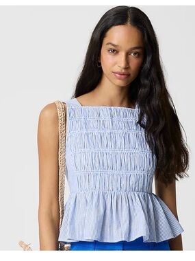 NWT J.Crew Smocked Peplum Tank Top Blue Bell Stripe Size 14 CK841